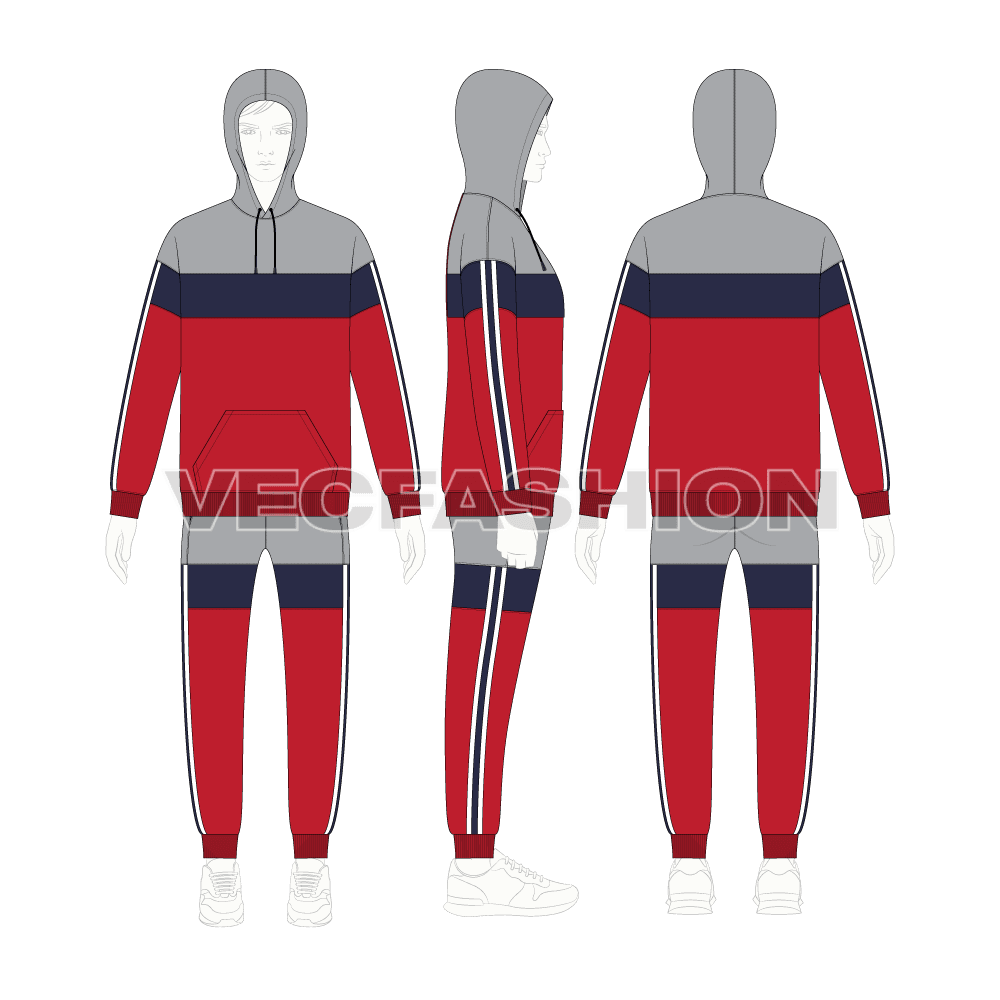 Mens sport tracksuit, color blocked flat sketch, on croqui