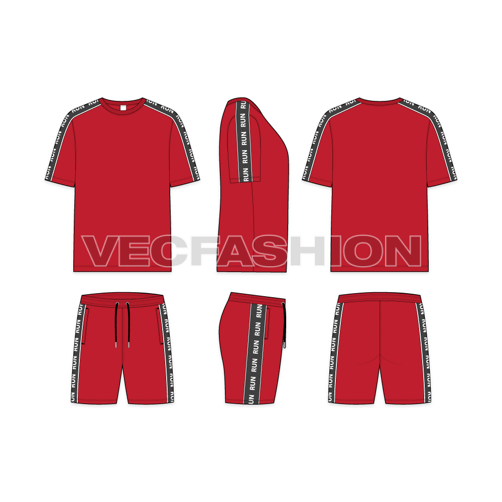 Mens sport tracksuit, elastic tape flat sketch, showing all views, front, side and back