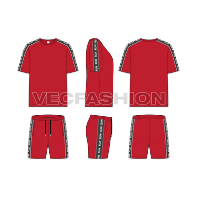 Mens sport tracksuit, elastic tape flat sketch, showing all views, front, side and back