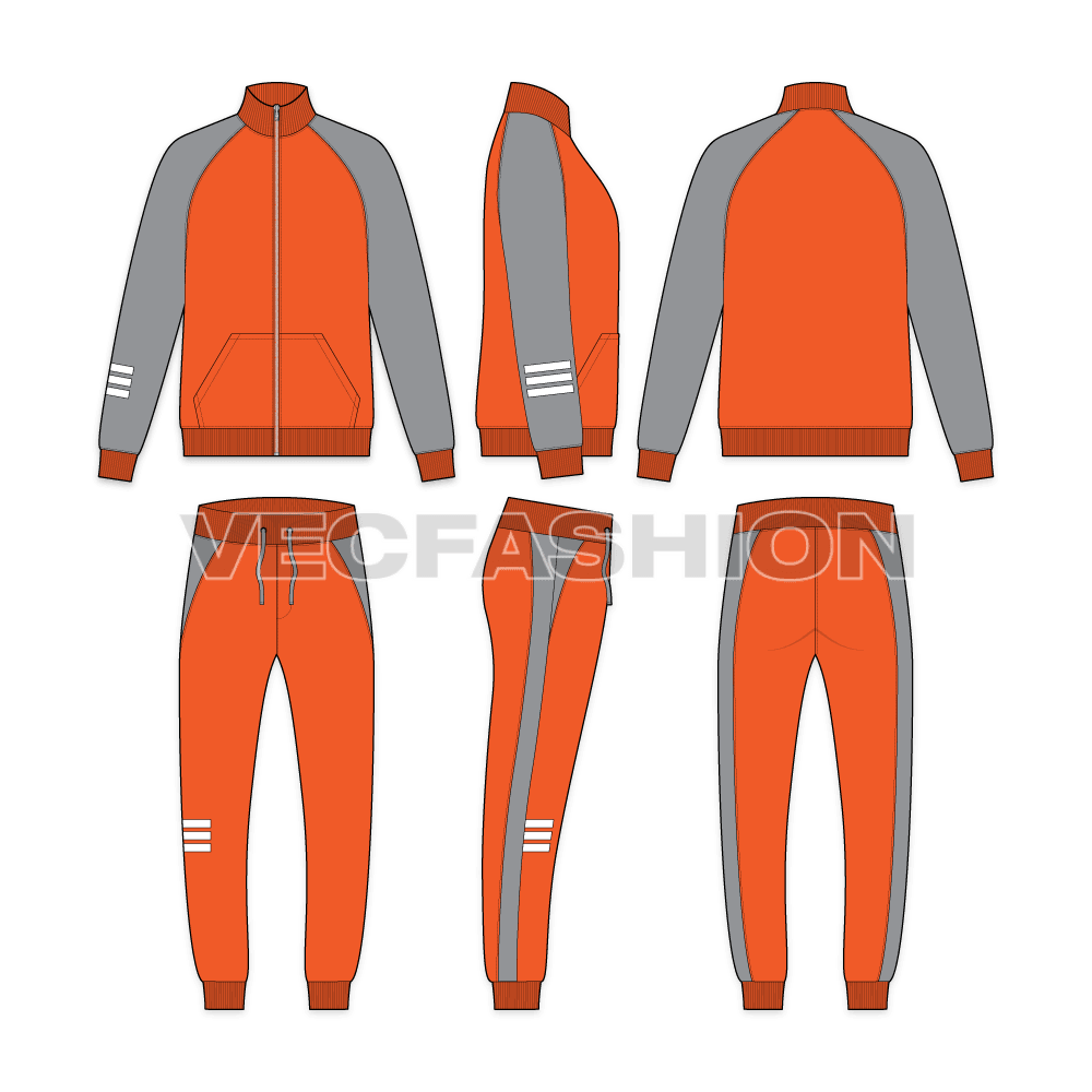 Mens sport tracksuit, number print flat sketch, showing all views, front, side and back