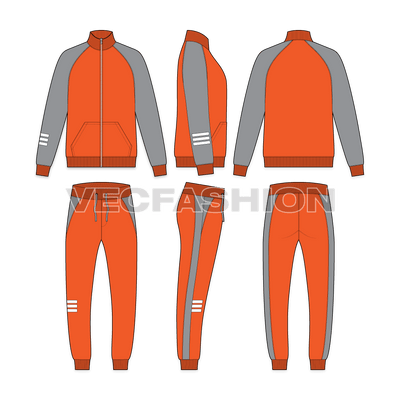 Mens sport tracksuit, number print flat sketch, showing all views, front, side and back