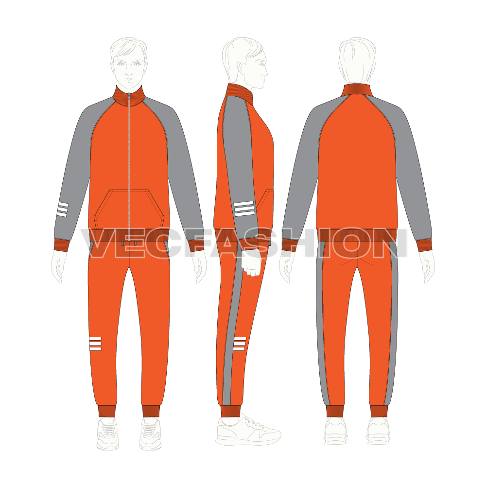 Mens sport tracksuit, number print flat sketch, on croqui