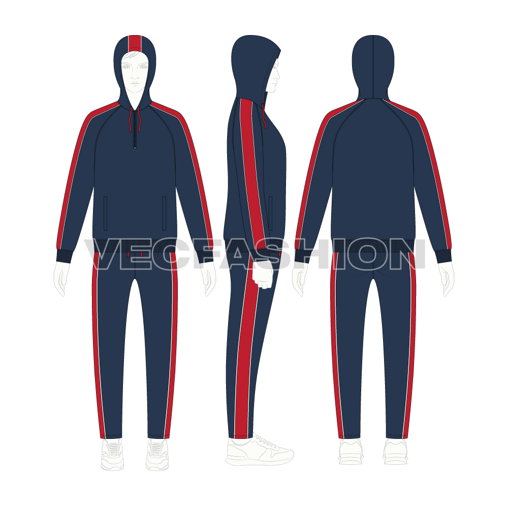 Mens sport tracksuit, navy flat sketch, on croqui