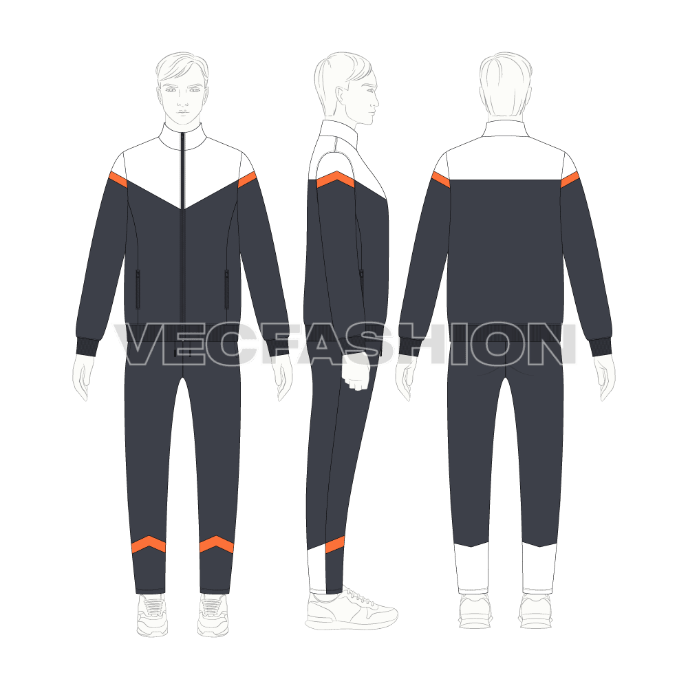 Mens sport tracksuit, diagonal panel flat sketch, on croqui