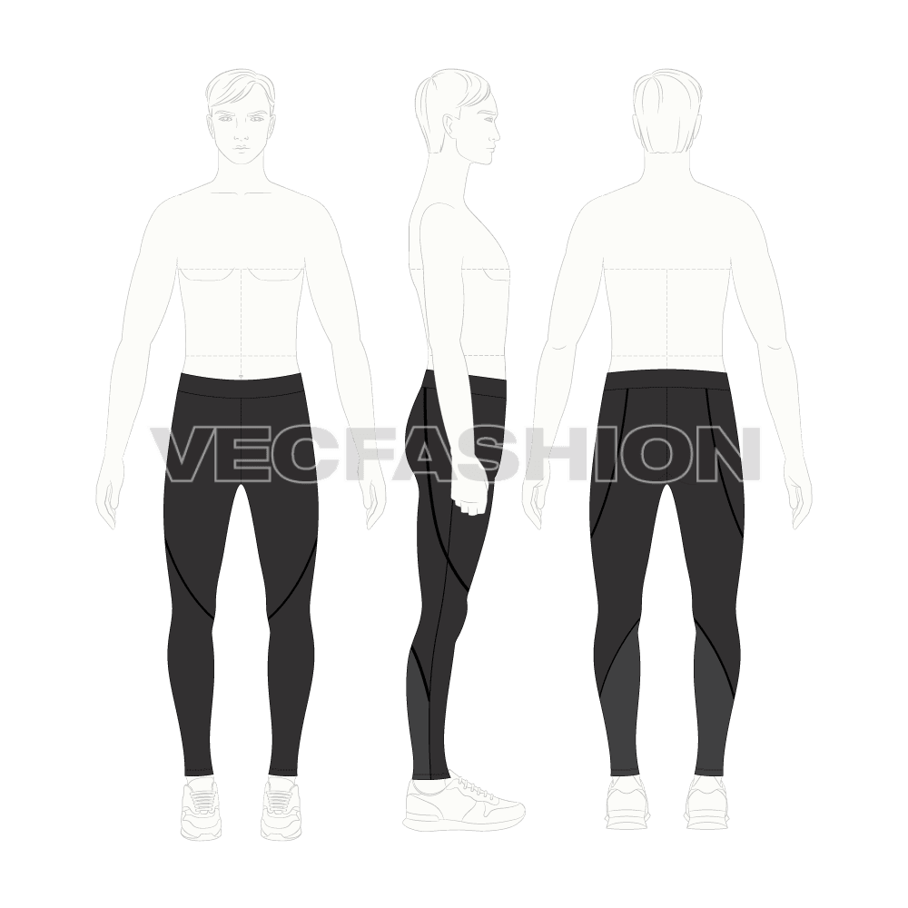 Mens sports lycra tights flat sketch, croqui sketch
