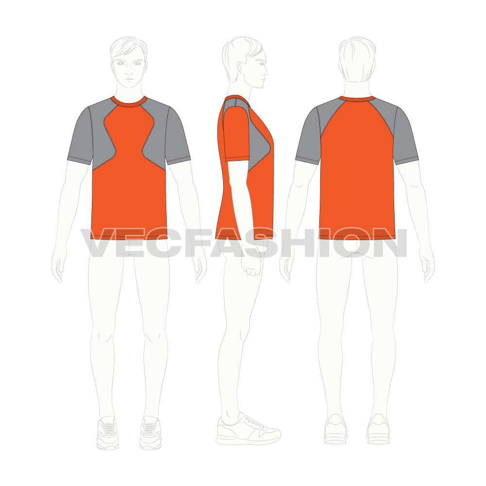 Mens sports t-shirt flat sketch, croqui sketch