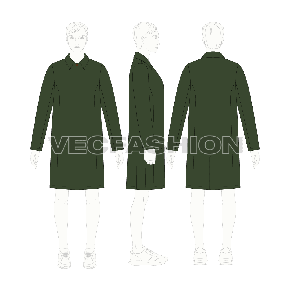 Mens Straight Coat flat sketch, croqui sketch