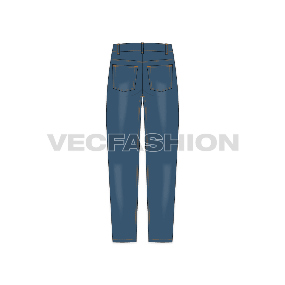 Mens straight cut denim jeans flat sketch, back view