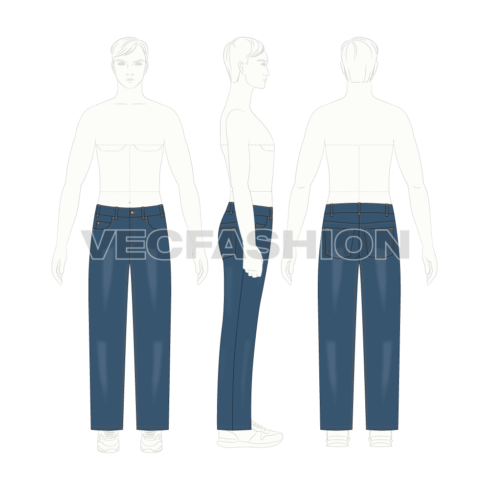 Mens straight cut denim jeans flat sketch, croqui sketch