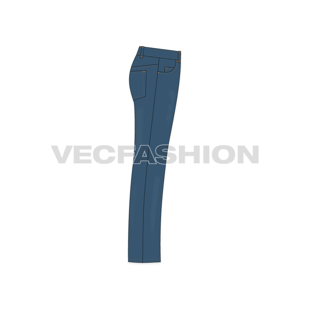 Mens straight cut denim jeans flat sketch, side view