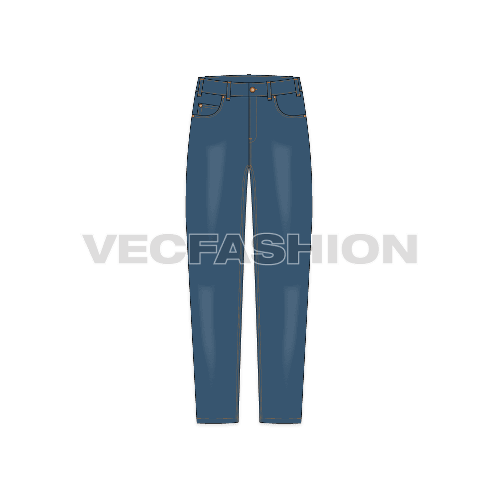 Mens straight cut denim jeans flat sketch, front view