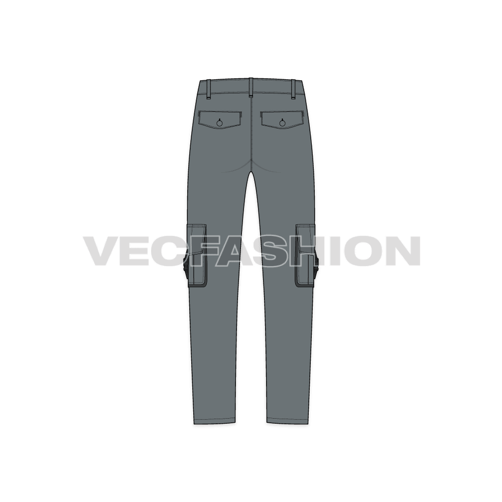 Mens straight fit cargo pants flat sketch, back view