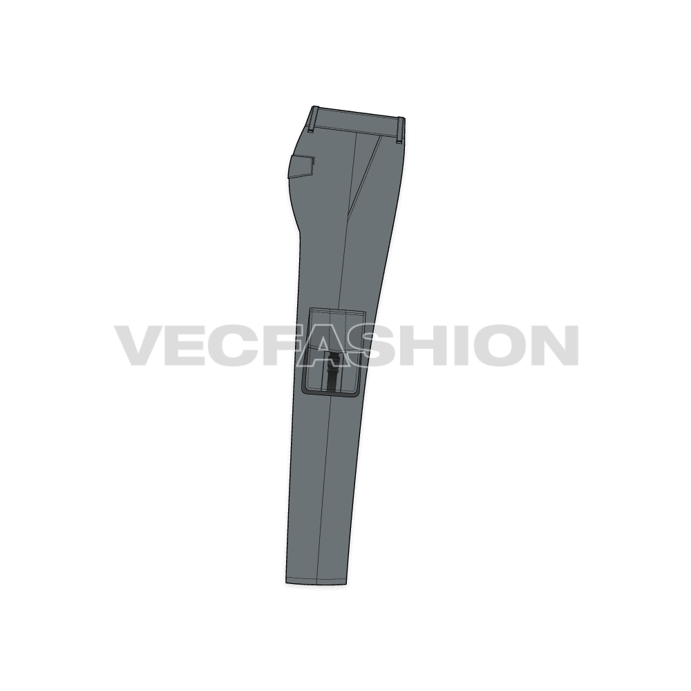 Mens straight fit cargo pants flat sketch, side view