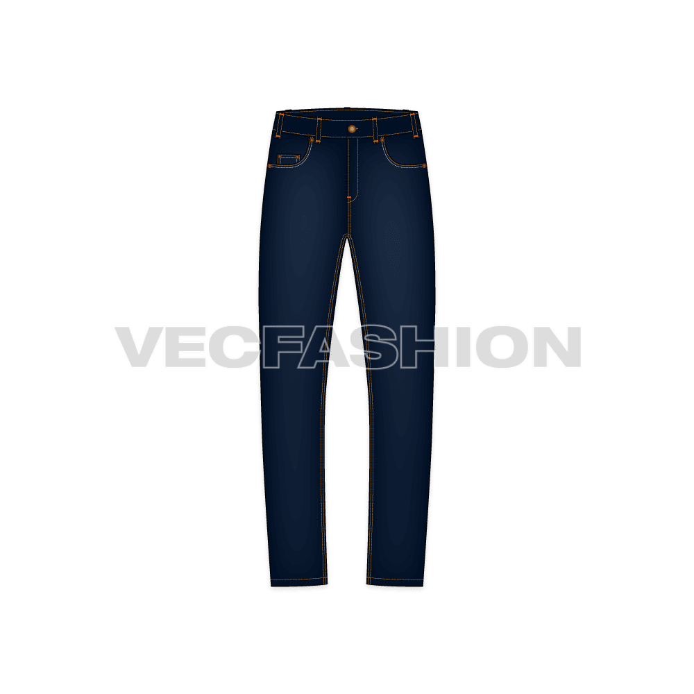 Mens straight leg denim jeans flat sketch, front view