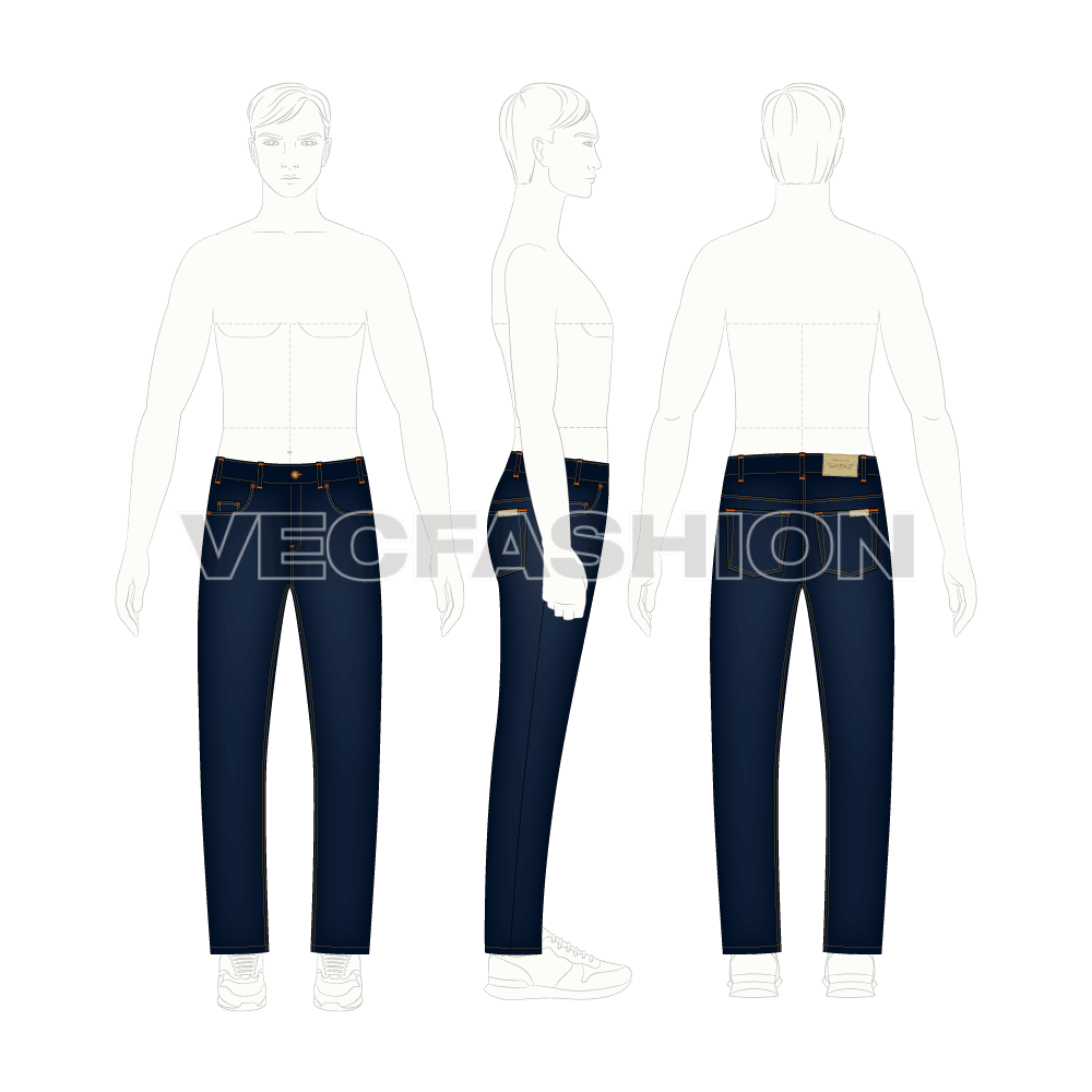 Mens straight leg denim jeans flat sketch, croqui sketch