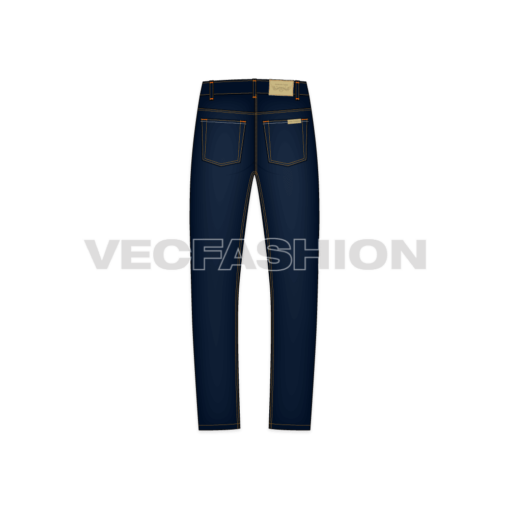 Mens straight leg denim jeans flat sketch, back view