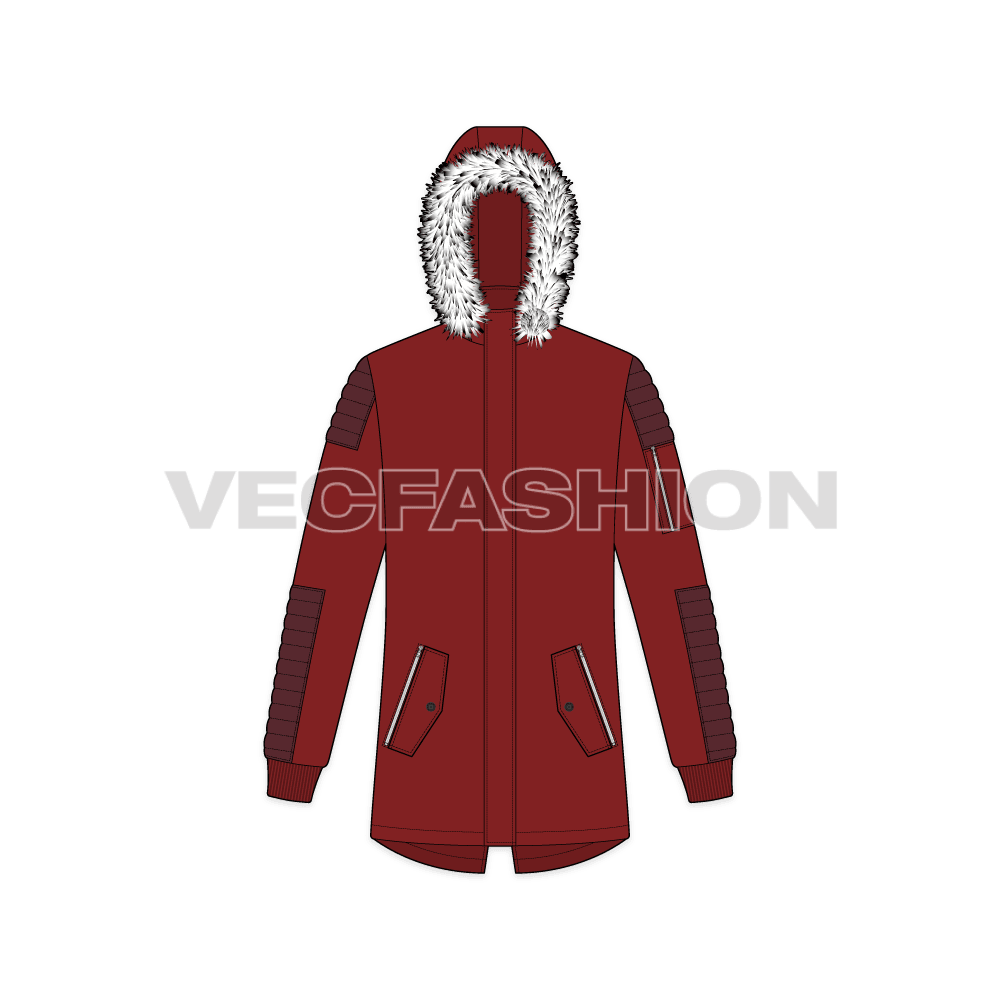 Mens Streetwear Fur Collar Hooded Parka jacket flat sketch, front view