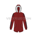 Mens Streetwear Fur Collar Hooded Parka jacket flat sketch, front view