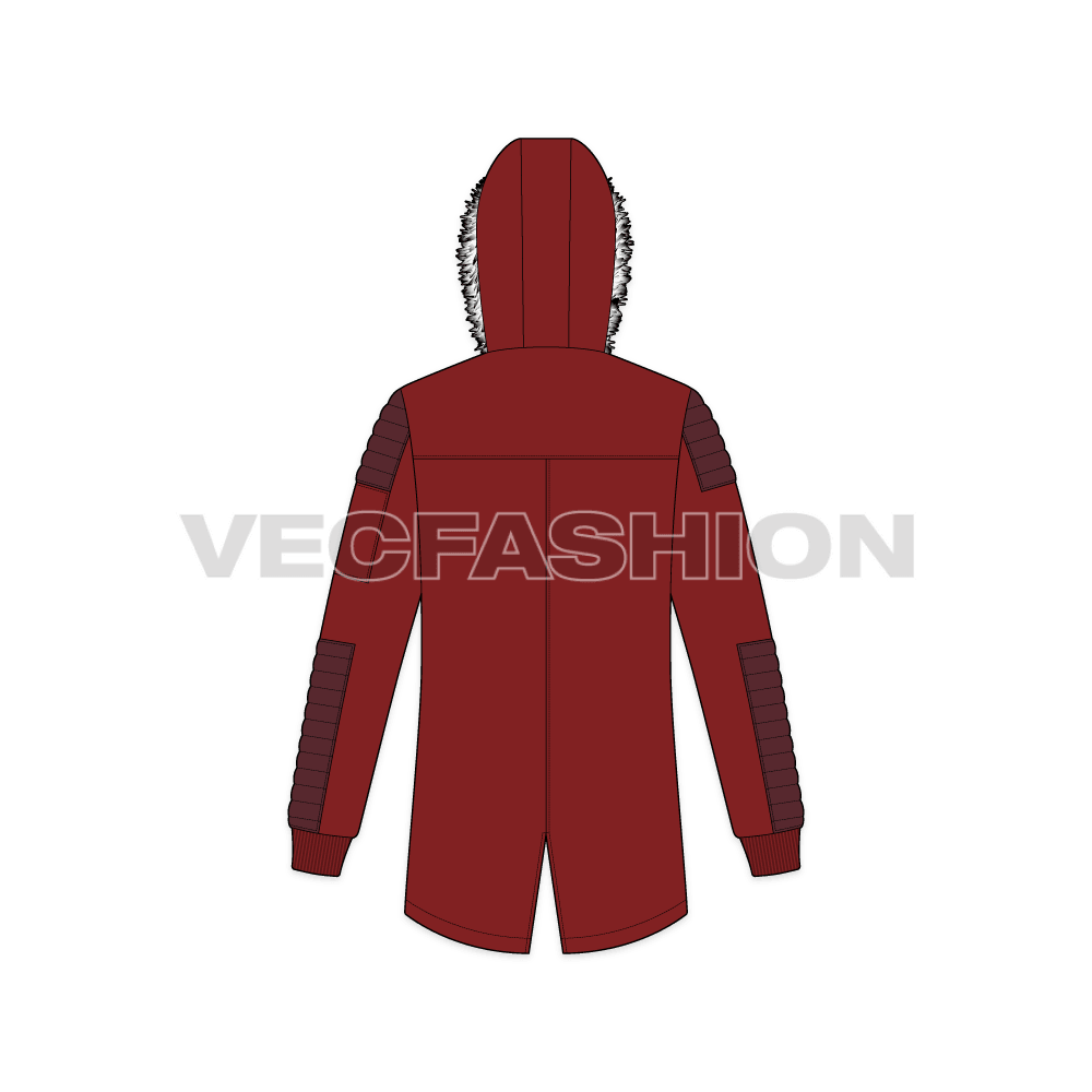 Mens Streetwear Fur Collar Hooded Parka jacket flat sketch, back view