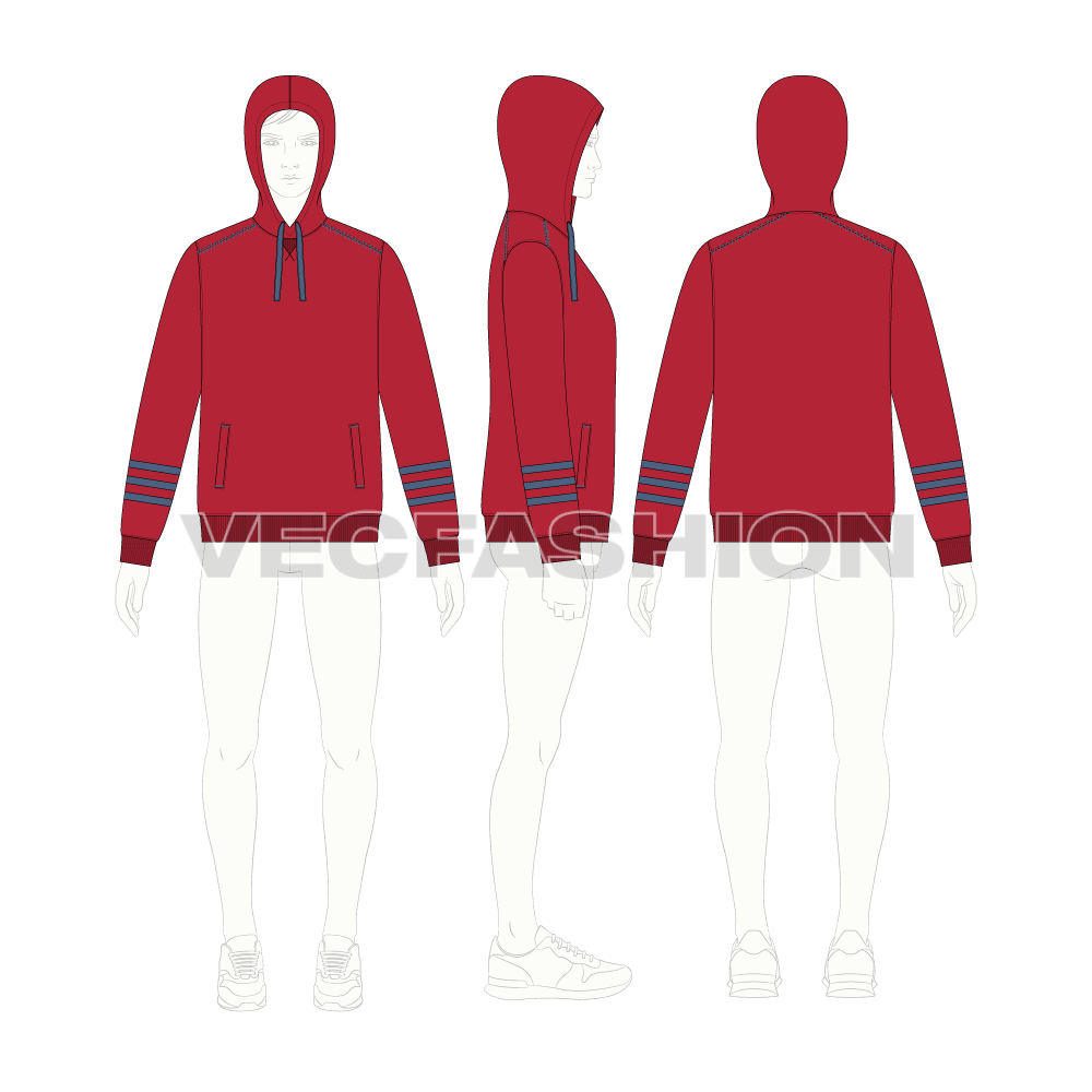 Mens streetwear hoodie flat sketch, croqui sketch