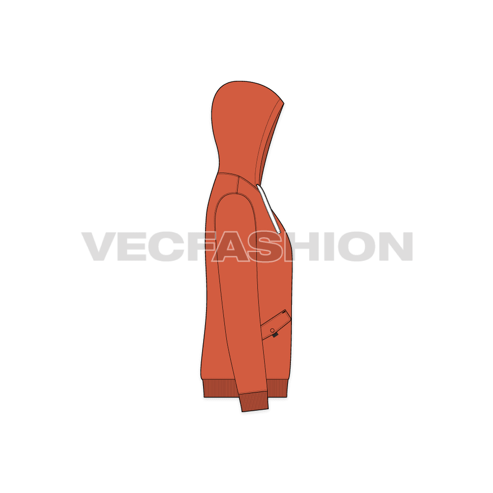 Mens streetwear inspired hoodie flat sketch, side view