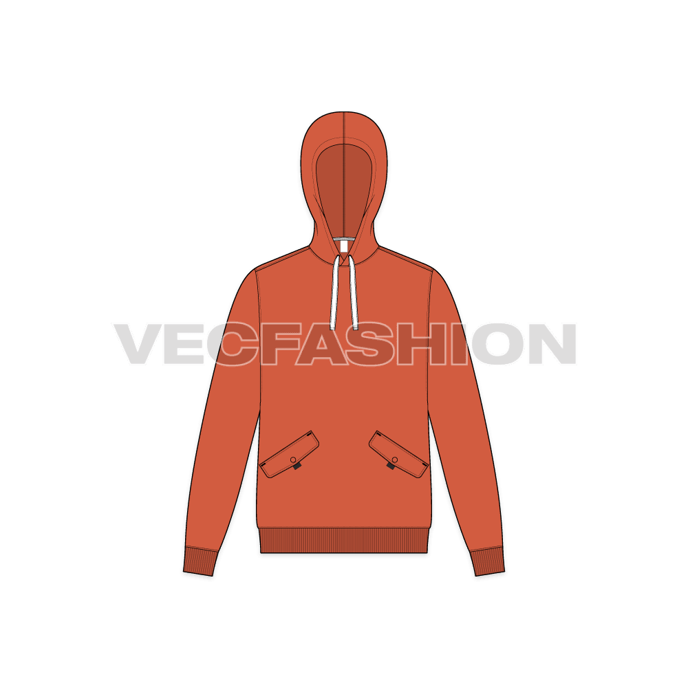 Mens streetwear inspired hoodie flat sketch, front view