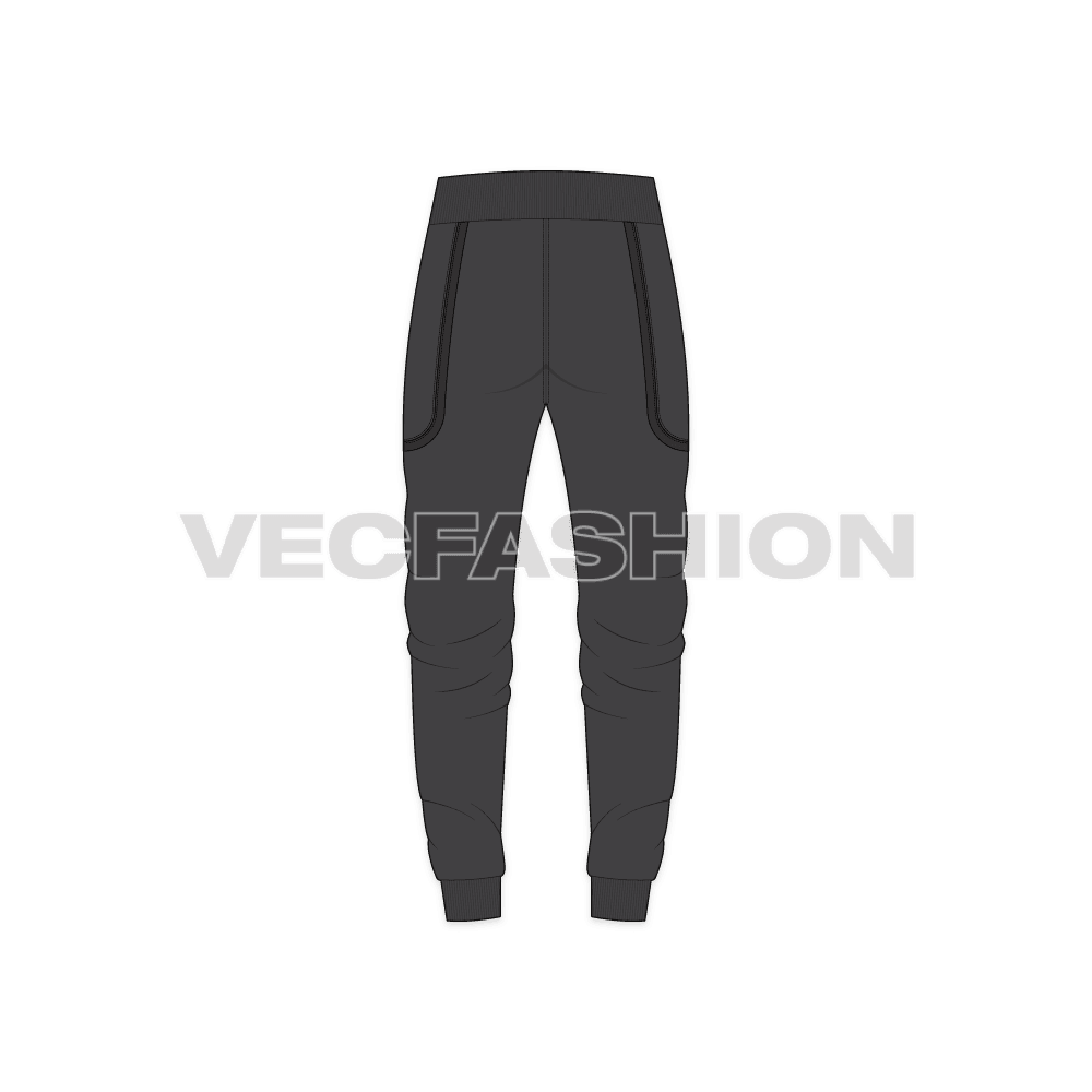 Mens streetwear joggers, charcoal double zip flat sketch, back view