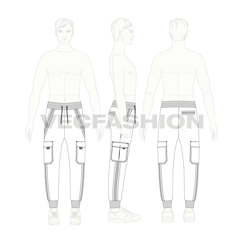 Mens streetwear joggers, strapped pockets flat sketch, croqui sketch