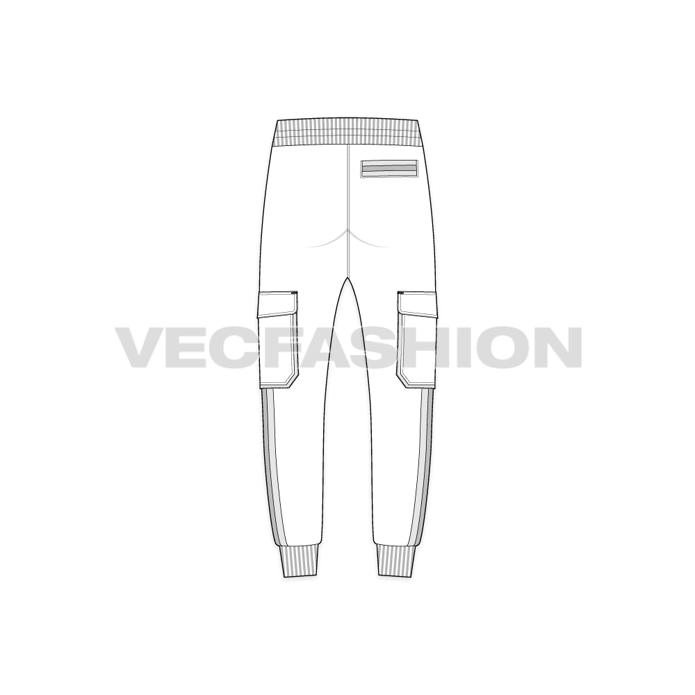 Mens streetwear joggers, strapped pockets flat sketch, back view