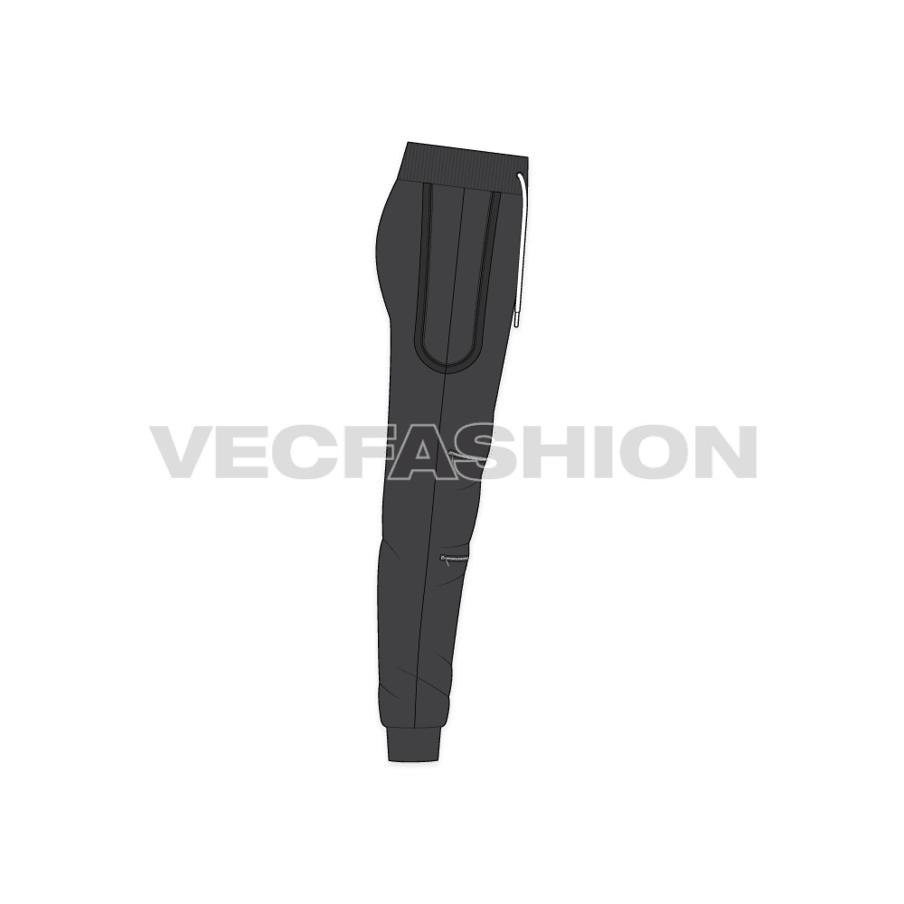 Mens streetwear joggers, charcoal double zip flat sketch, side view