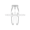 Mens streetwear joggers, strapped pockets flat sketch, front view