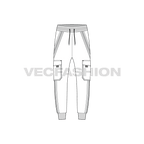 Mens streetwear joggers, strapped pockets flat sketch, front view