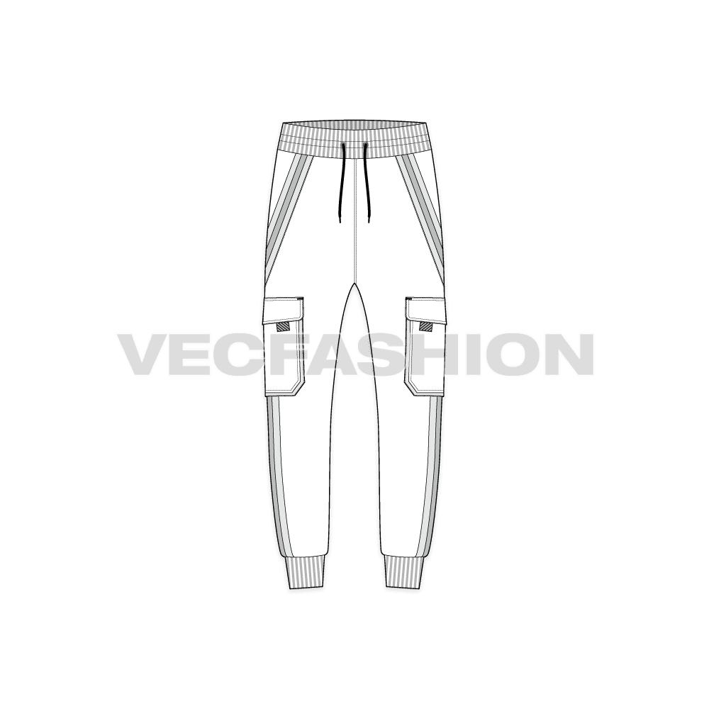 Mens streetwear joggers, strapped pockets flat sketch, front view
