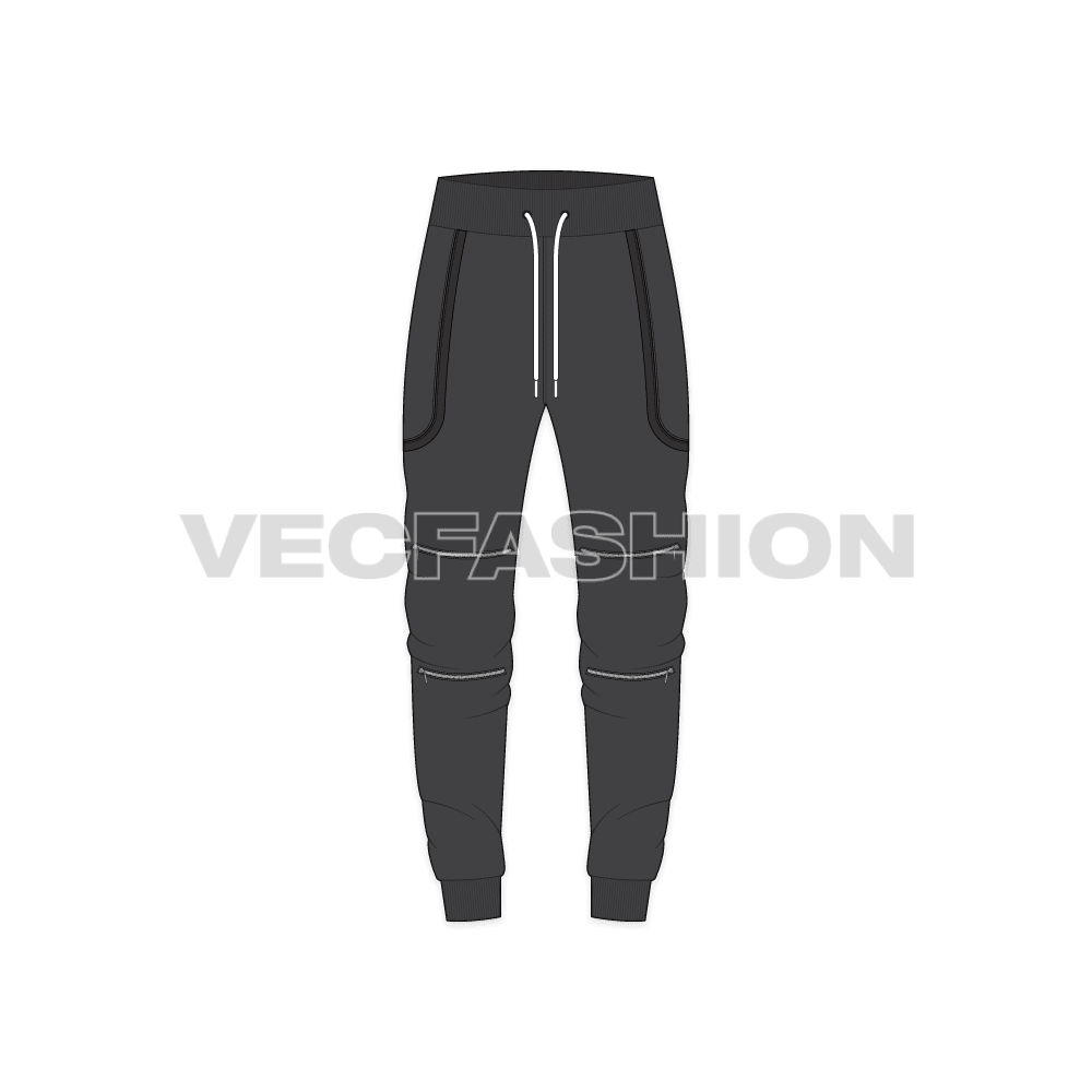 Mens streetwear joggers, charcoal double zip flat sketch, front view