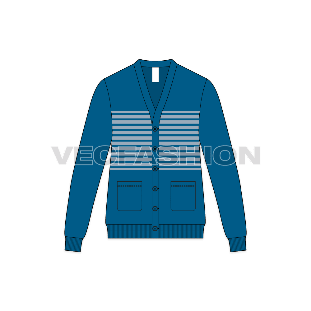 Mens striped front open cardigan flat sketch, front view