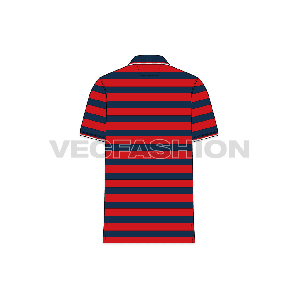 Mens striped polo neck t-shirt flat sketch, back view