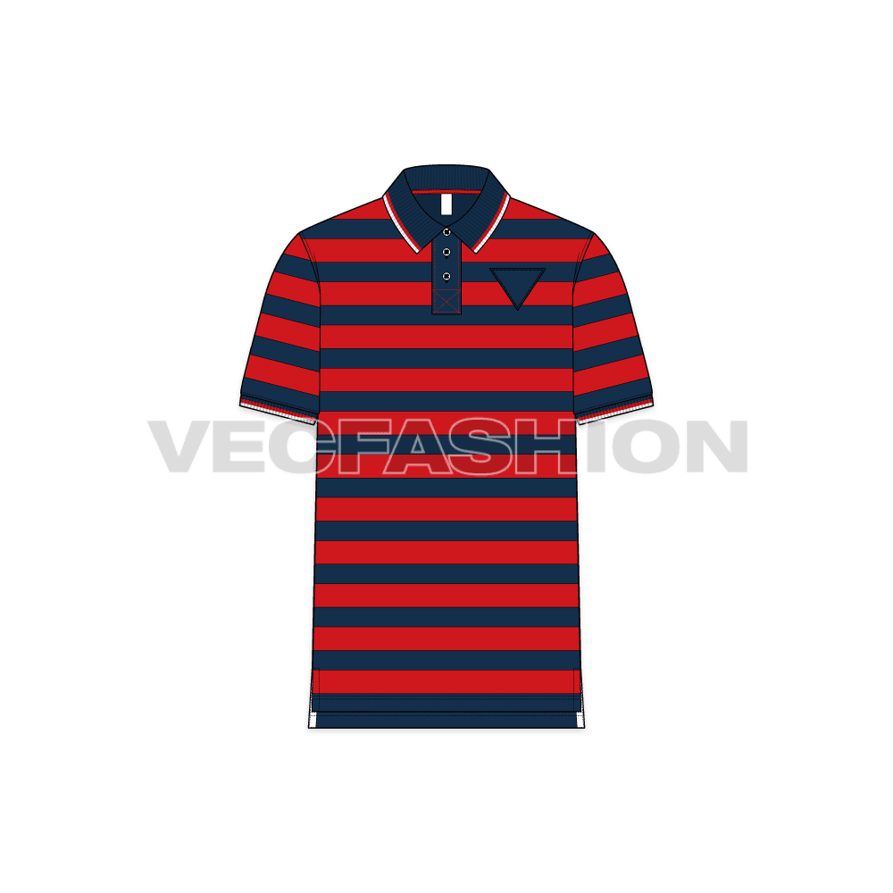 Mens striped polo neck t-shirt flat sketch, front view