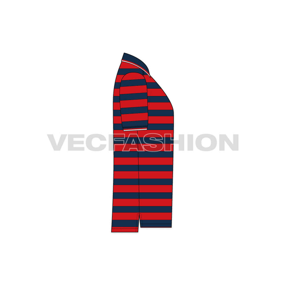 Mens striped polo neck t-shirt flat sketch, side view