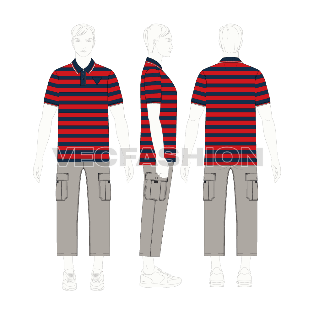Mens striped polo neck t-shirt flat sketch, croqui sketch