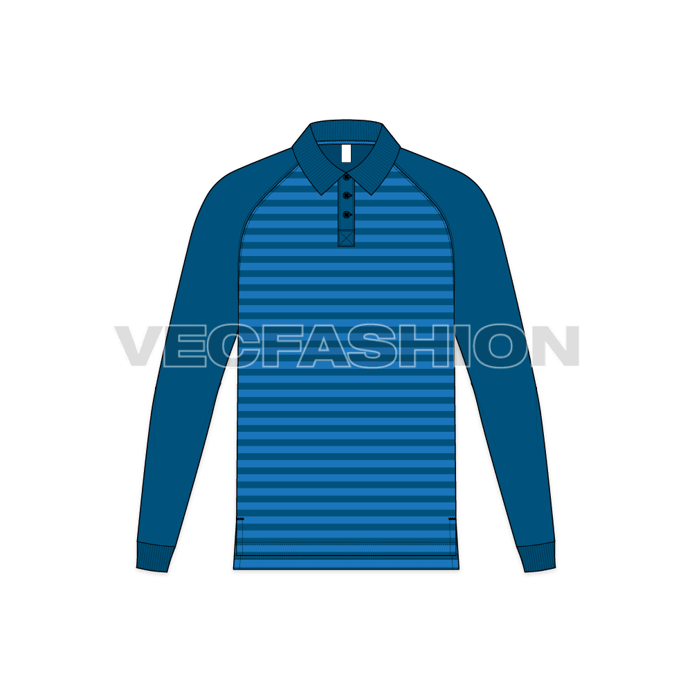 Mens striped polo shirt flat sketch, front view