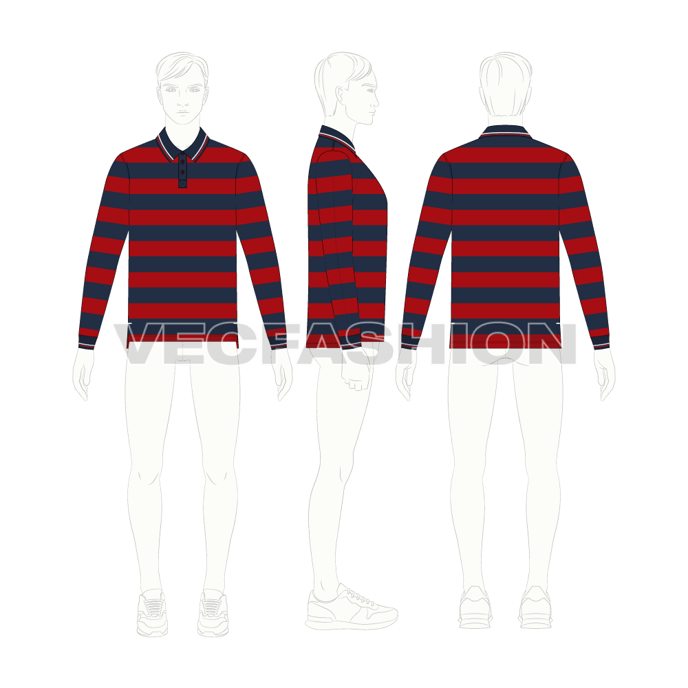 Mens striped polo shirt full sleeved flat sketch, croqui sketch
