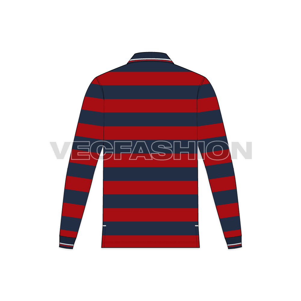 Mens striped polo shirt full sleeved flat sketch, back view