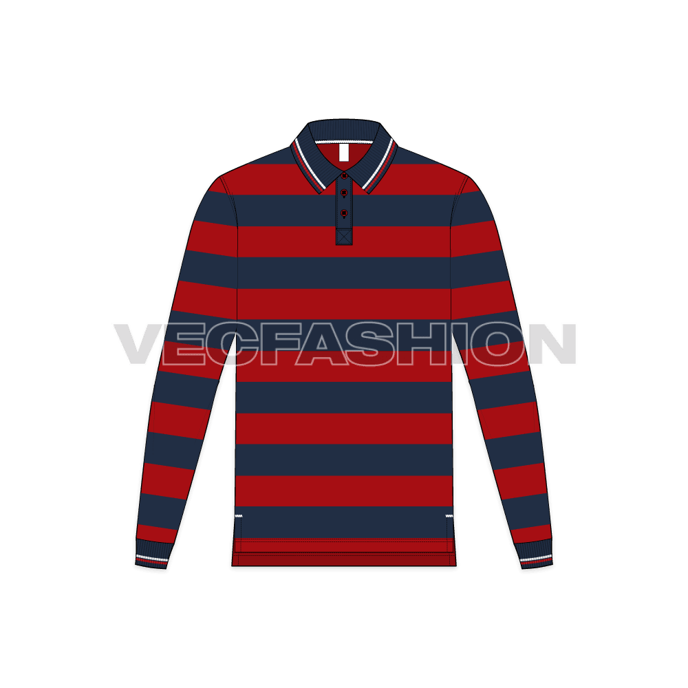 Mens striped polo shirt full sleeved flat sketch, front view