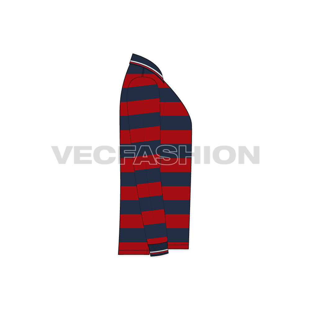 Mens striped polo shirt full sleeved flat sketch, side view