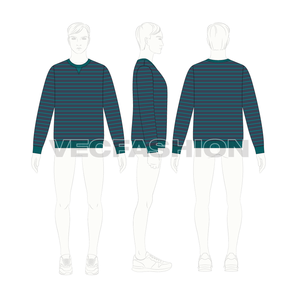 Mens striped sweatshirt flat sketch, croqui sketch