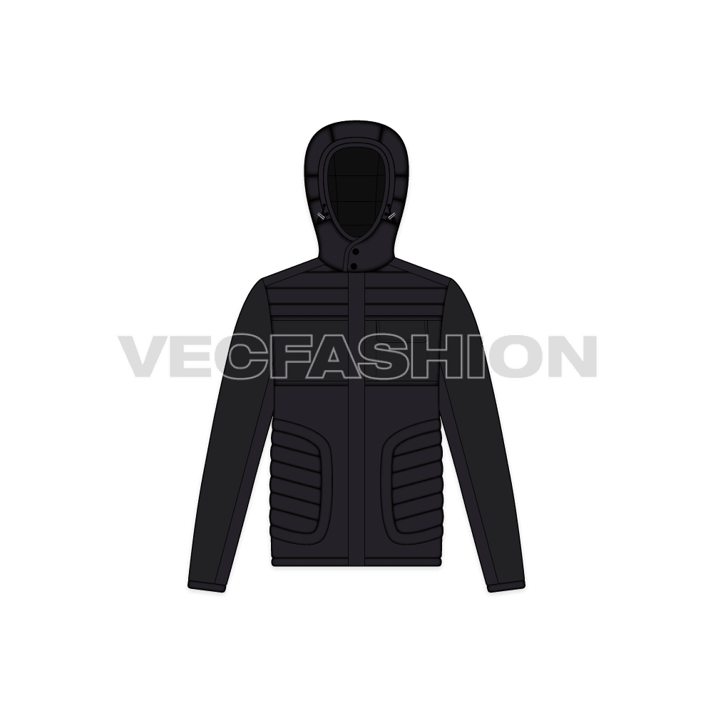 Mens Stylish Puffer Jacket flat sketch, front view