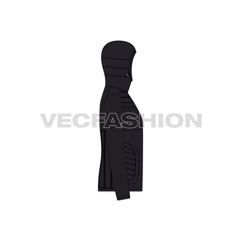 Mens Stylish Puffer Jacket flat sketch, side view