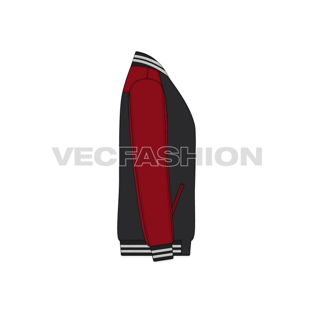 Mens Stylish Varsity Jacket flat sketch, side view