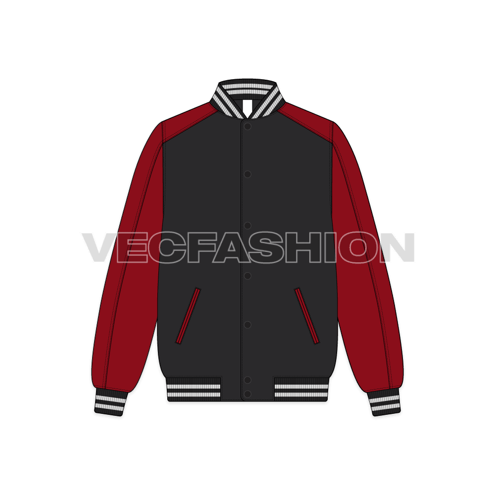 Mens Stylish Varsity Jacket flat sketch, front view