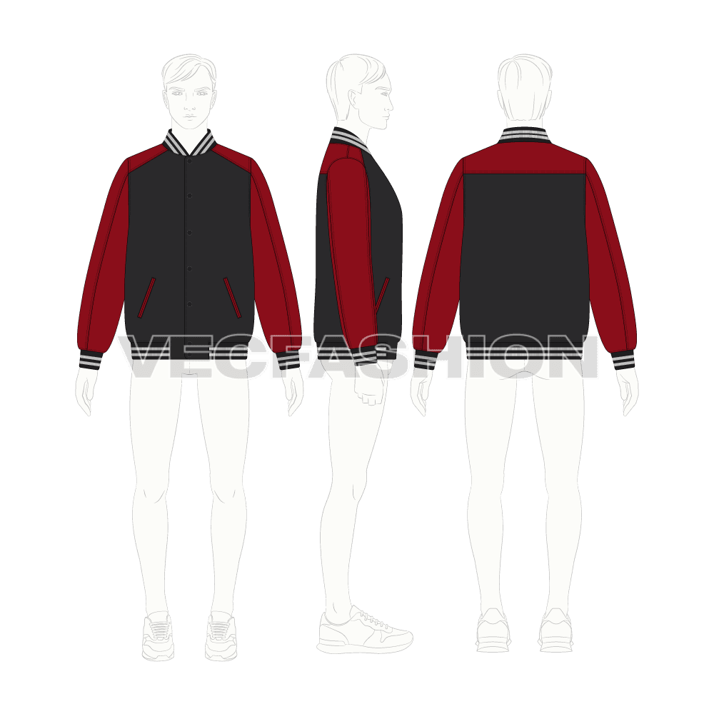 Mens Stylish Varsity Jacket flat sketch, croqui sketch